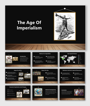 Age of imperialism sides with a wood floor design, framed images, world maps, and text on motives, impacts, and resistance.