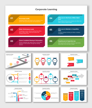 Corporate learning PowerPoint slides with different colorful layout designs and icons with text descriptions.