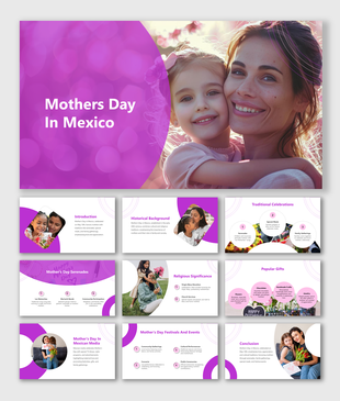 Mother’s Day in Mexico slide deck with smiling mother and daughter, circular image frames and pink themed layout.