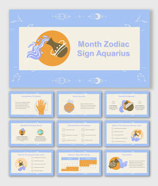 Slides about the Aquarius zodiac sign, detailing its history, symbol, planetary influence, and personality traits.