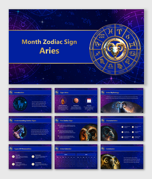 Aries-themed slide deck with topics on zodiac elements and a monthly calendar, set against a blue background.