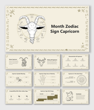 Capricorn themed slide deck featuring goat symbol with astrological details, traits, and zodiac compatibility, in beige tone.