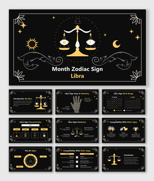 Aesthetic black and gold slide deck featuring Libra zodiac symbol, scales, celestial icons, and compatibility charts.