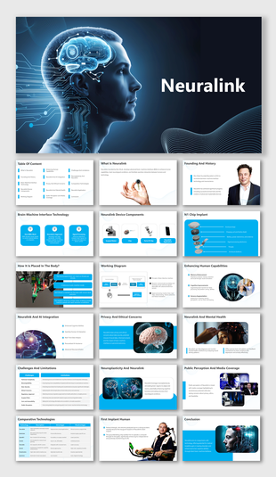 Slide deck on neuralink, featuring detailed sections on brain implants, AI integration, challenges, and future applications.