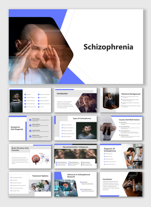 Slide deck illustrating schizophrenia symptoms, types, causes, and treatment methods with blue accents and relevant visuals.
