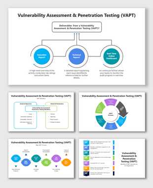 VAPT slide deck with with colorful flowcharts, circular diagrams, and icons representing the testing workflow and reports.