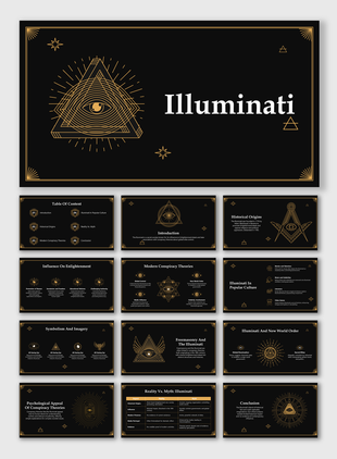 Slide deck with gold geometric Illuminati symbols, mystical aesthetics, and elegant typography on a black background.