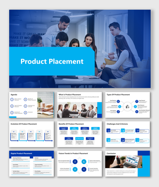 A pack of Product placement PowerPoint slides features the business team engaged in a discussion in an office setting.