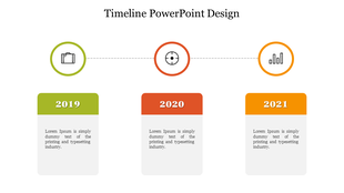 Timeline design with three milestones for 2019, 2020, and 2021, connected by a dotted line and icons.