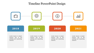 Timeline design with four colored rectangles in blue, green, red, and orange, connected by icons in square frames.