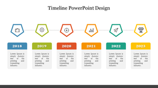 Colorful timeline displaying years 2018 to 2023 with icons and text boxes under each milestone.