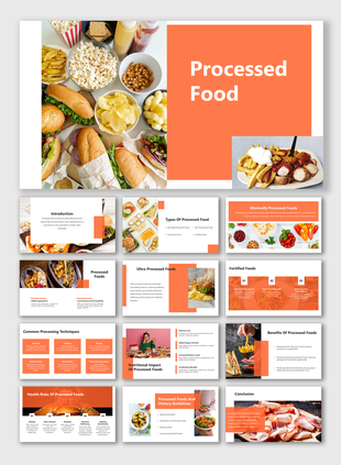 A pack of processed foods PPT slides including burgers, fries, popcorn, and snacks, displayed on a table on an orange theme.
