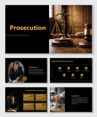 Legal prosecution slide deck with law themed photography, gold text, structured content, in a professional courtroom feel.