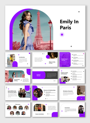 Slide deck with white backgrounds and purple elements, showcasing the Parisian setting, fashion, and character dynamics.