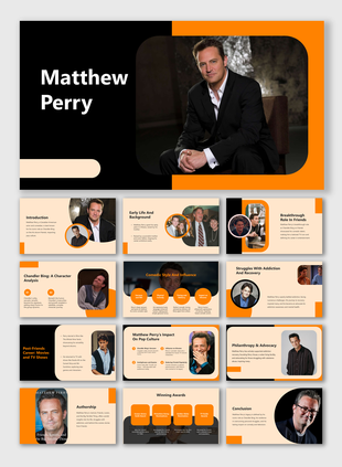 Matthew Perry's PPT slides in a formal black suit, capturing a moment of calm and contemplation in a professional setting.