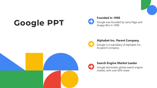 Modern slide featuring three text sections with colorful geometric shapes, highlighting key facts about Google.