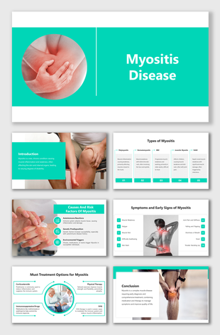 Myositis disease slide deck with teal and white theme, featuring muscle inflammation visuals and health infographics.