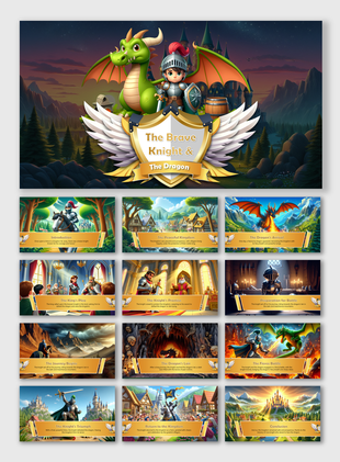 Fairy tale visuals featuring a brave knight, a friendly green dragon, and a castle backdrop with title and adventure slides.