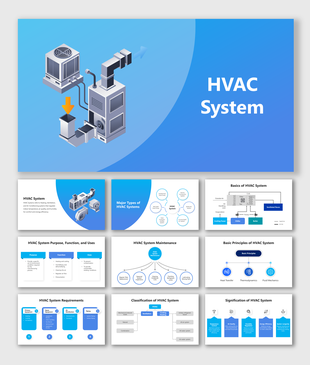 HVAC system slide deck with an isometric illustration, blue toned theme, and structured diagrams explaining the components.