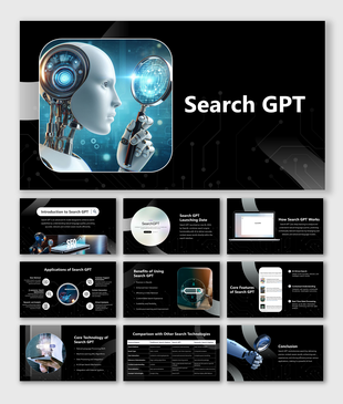 Search GPT slide deck with black background, robot visuals, magnifying glass icon, and futuristic interface illustrations.