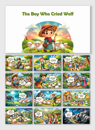 Storybook deck depicting the boy who cried wolf, with illustrated farm scenes, expressive characters, and speech bubbles.