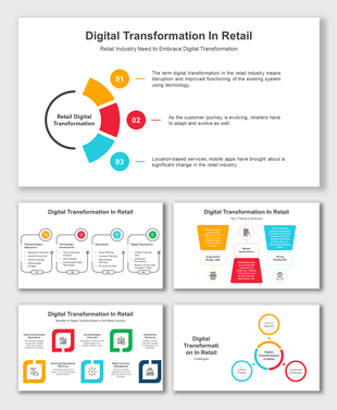 Digital transformation in retail PowerPoint slides with a focus on technology in different layout designs with icons.