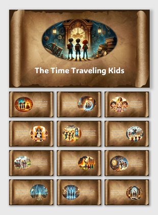 Illustrated slides showing kids embarking on time-travel adventures, exploring historical events and futuristic worlds.
