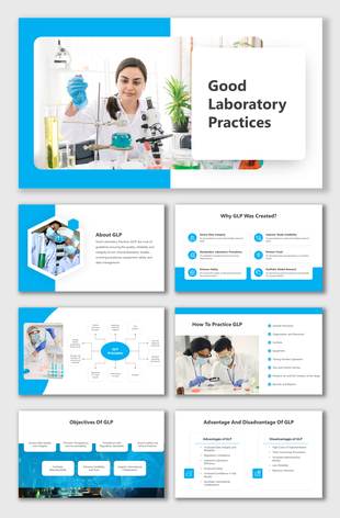 Slide deck with blue accents, featuring images of scientists, discussing good laboratory practice principles and objectives.