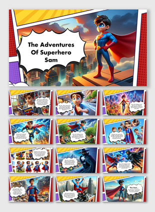 A comic-style presentation of Superhero Sam’s adventures, highlighting his heroism and epic battles in vibrant scenes.