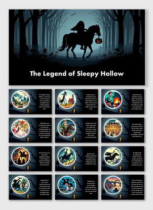 Illustrations from The Legend of Sleepy Hollow showcasing spooky forests, the Headless Horseman, and key story moments.