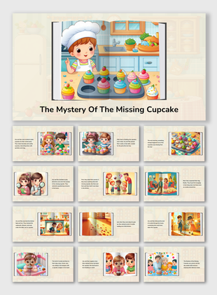 Story slides of children solving the mystery of the missing cupcake, filled with vibrant baking and fun detective scenes.