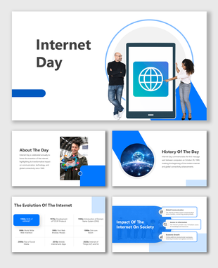 Presentation for Internet Day showcasing the development of the internet, its history, and global communication advances.