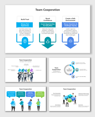 Visuals for team cooperation showing strategies for trust-building, communication, and problem-solving in a team setting.