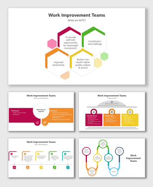 Presentation on Work Improvement Teams with diagrams focused on teamwork, productivity, and service quality enhancement.