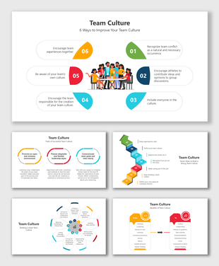 Team culture slides with diagrams illustrating steps to improve team dynamics, promote inclusivity, and foster collaboration.