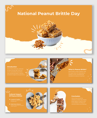 National Peanut Brittle Day slide with caramel candy images, orange background, and text explaining cultural significance.