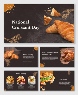 National Croissant Day presentation with croissant images, golden-brown hues, wheat patterns, and celebration insights.
