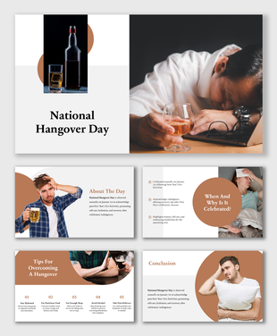 National hangover day slide deck with brown-white tones, showing alcohol images, recovery tips, and celebration details.