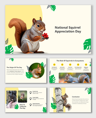 National Squirrel Appreciation Day slides with vibrant squirrel images, greenery, and info on their ecological important
