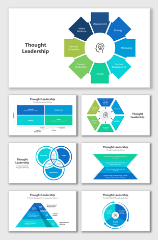 Thought Leadership deck with icons, a central idea bulb, and vibrant blue-green shapes for structured conceptual visuals.