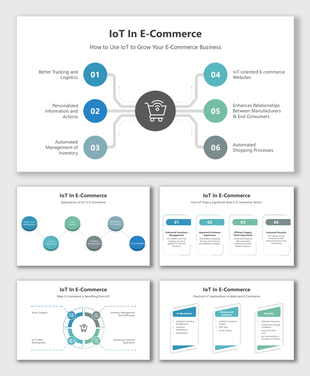IoT in E-Commerce slides featuring connected points, central icon, six benefits, text boxes, and modern blue-green visuals.