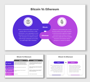 Bitcoin Vs Ethereum slides with circular visuals, icons, text holders, and contrast purple tones for structured comparisons.