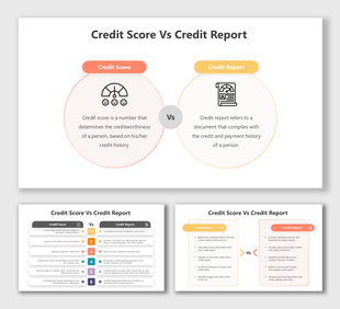 Credit Score Vs Credit Report slides with side-by-side text, vivid icons, unique shapes, and organized orange-yellow design.