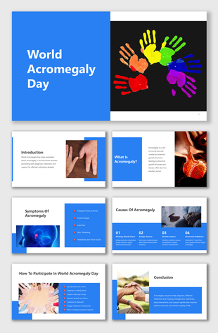 World Acromegaly Day slides with blue and white-themed slides featuring symptoms, causes, and awareness participation steps.