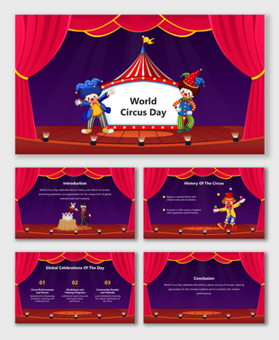 World Circus Day deck with bold colors, and text holders for an engaging overview of circus history and festivities.