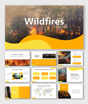 Wildfires slides with yellow-orange gradients, text holders, images of flames, types, causes, impacts, and global hotspots.