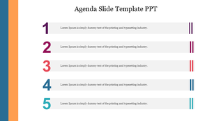 Agenda slide featuring numbered sections and placeholder text for detailed descriptions of agenda items.