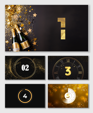Vibrant New Year countdown designs with black and gold elements, circular countdown animations, and festive glittery details.