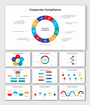 Detailed Corporate Compliance slides with colorful shapes, and icons emphasizing internal governance and policy adherence.