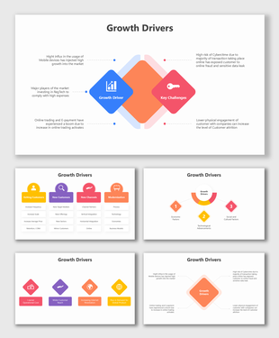 Growth drivers slide showcasing economic, technological, and social factors with circular and diamond-shaped elements.